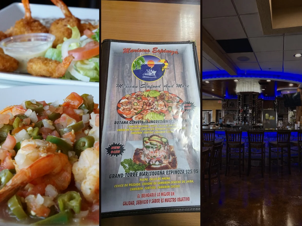 Seafood dishes on a restaurant table