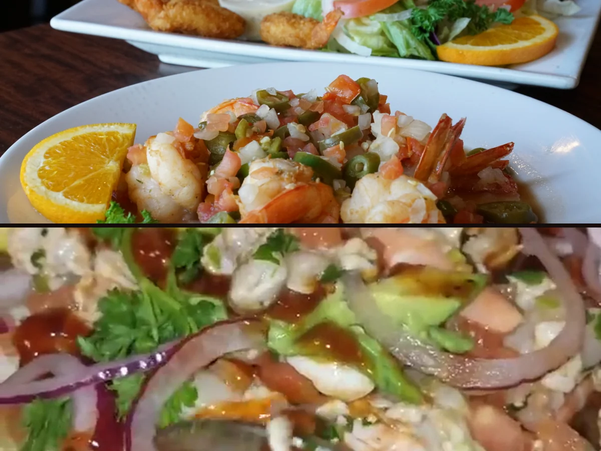 Mexican seafood plates with rice and beans