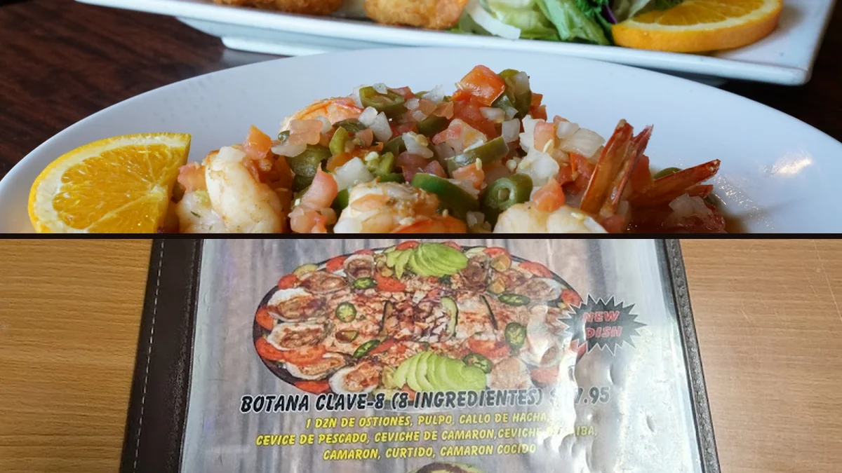 Mexican seafood plates with rice and beans