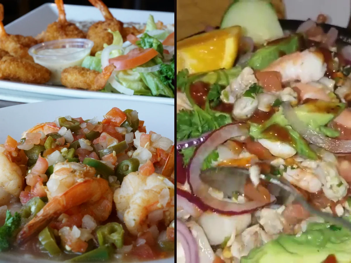 Seafood dishes on a restaurant table