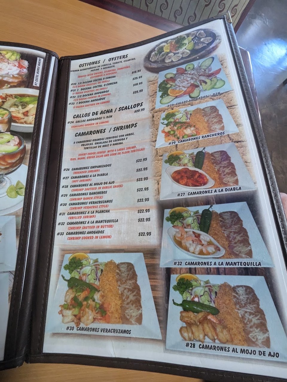 Shrimp dishes listed on a restaurant menu