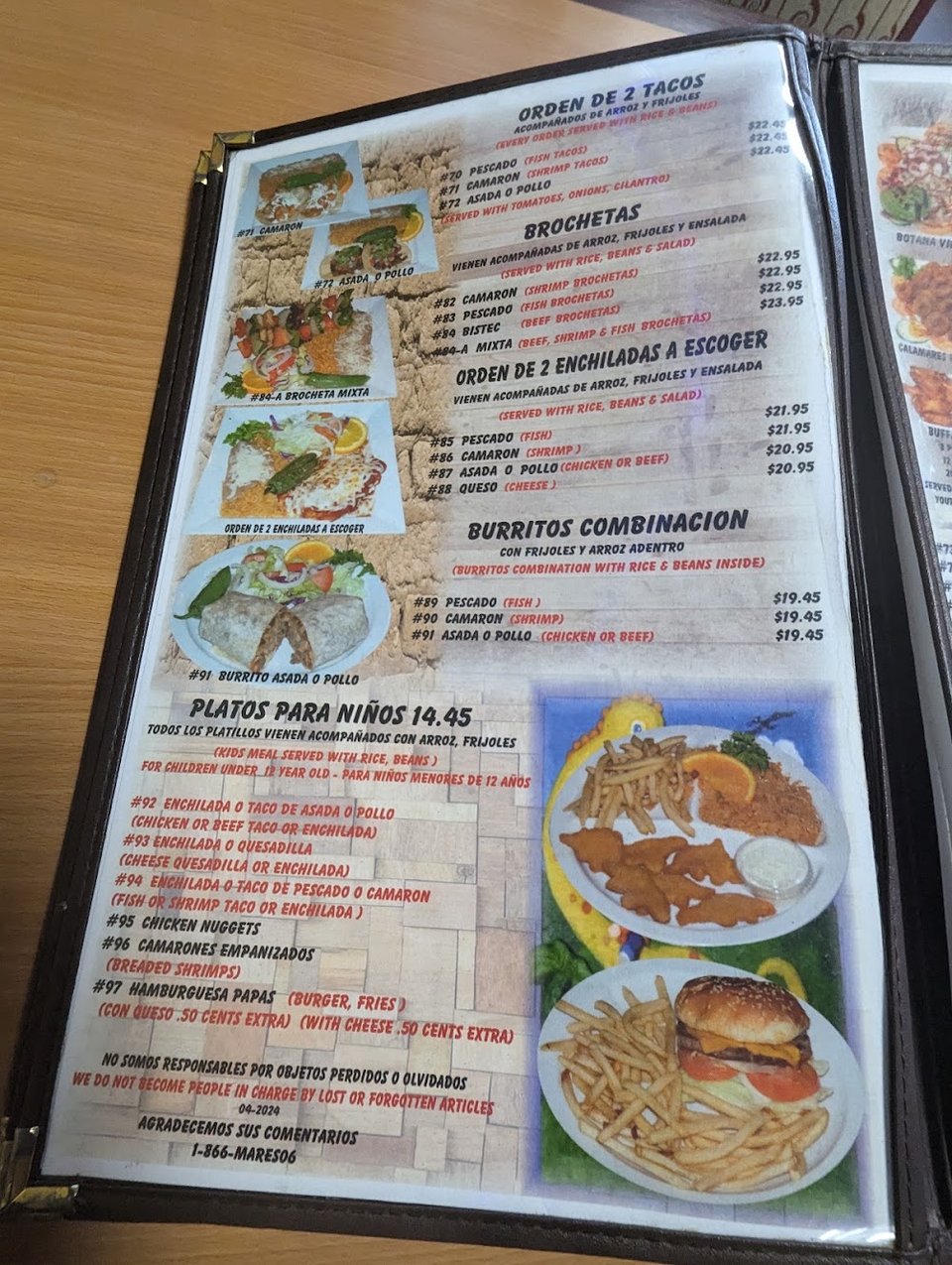 Menu page with seafood dishes
